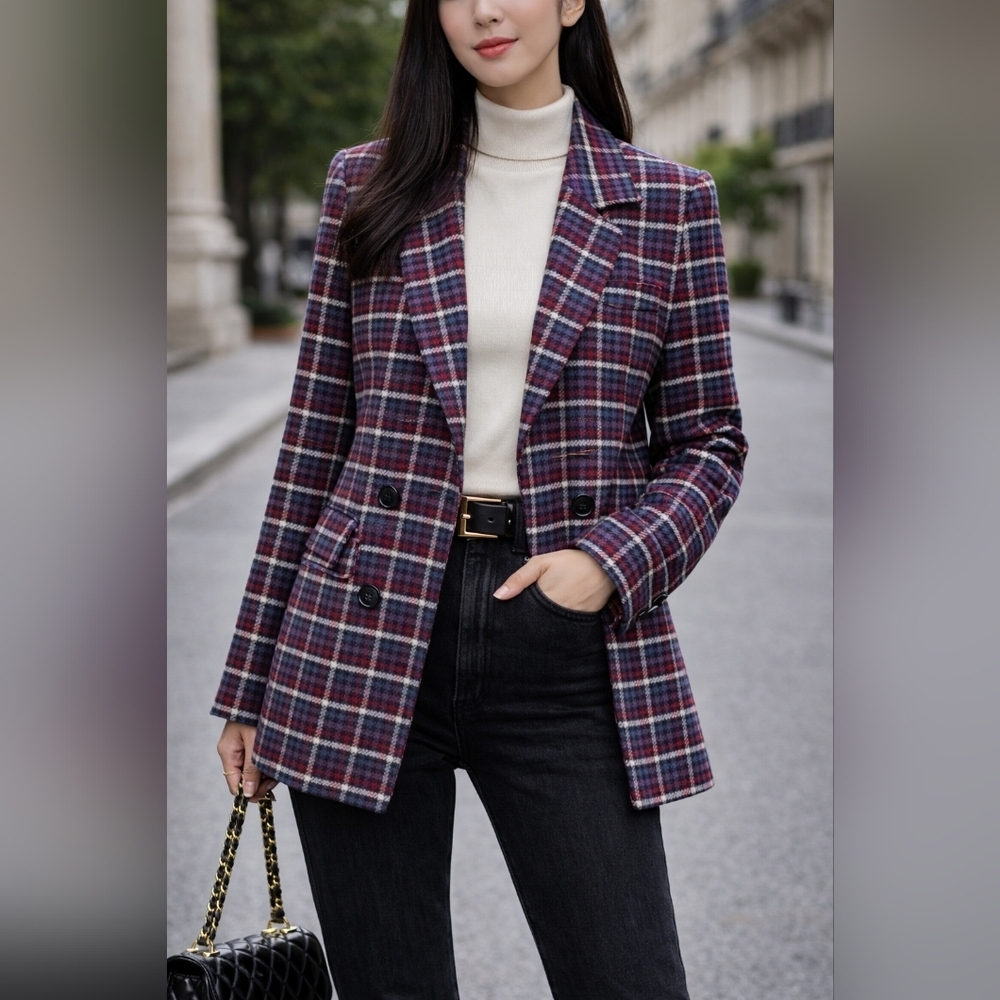 NWOT Monki Double Breasted Plaid Blazer Sz M